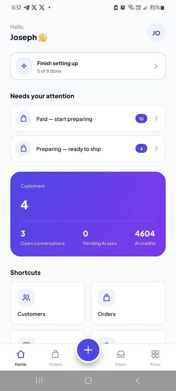 EnoSend Android app home showing orders needing attention, customers and AI credits
