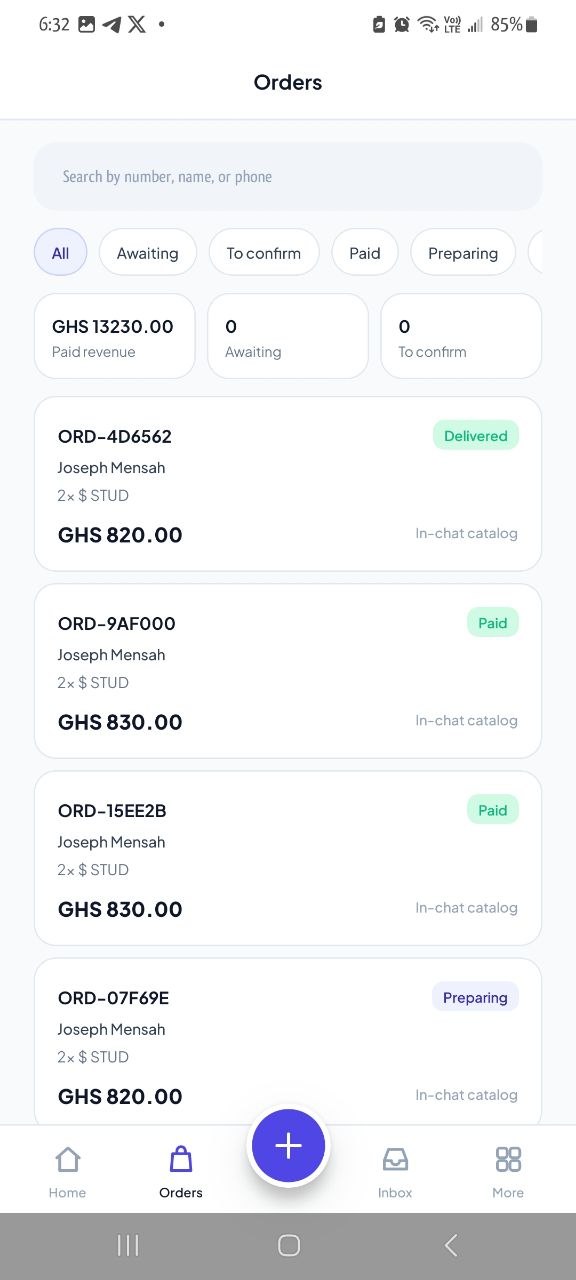 EnoSend Android app orders list with paid revenue and order statuses